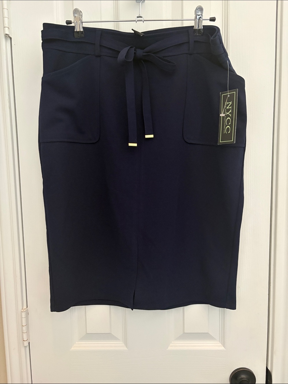 New York & Company Navy Tie-Front Pencil Skirt with Patch Pockets
